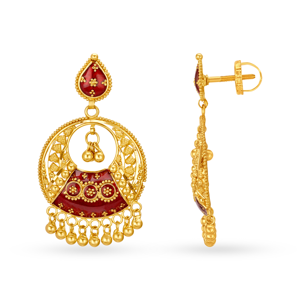 Striking 22 Karat Yellow Gold Beaded Meenakari Drop Earrings,,hi-res image number null