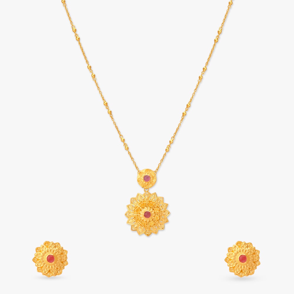 Playful Petal Gold Pendant with Chain and Earrings Set,,hi-res image number null