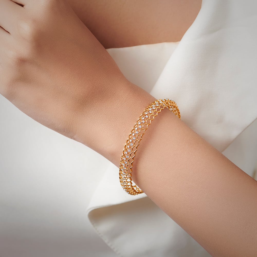 Diamond Studded Open Work Gold and Diamond Bangle,,hi-res image number null