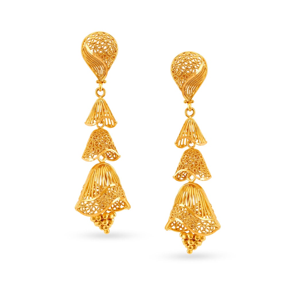 Dainty Rawa Work Gold Jhumka Traditional Earrings