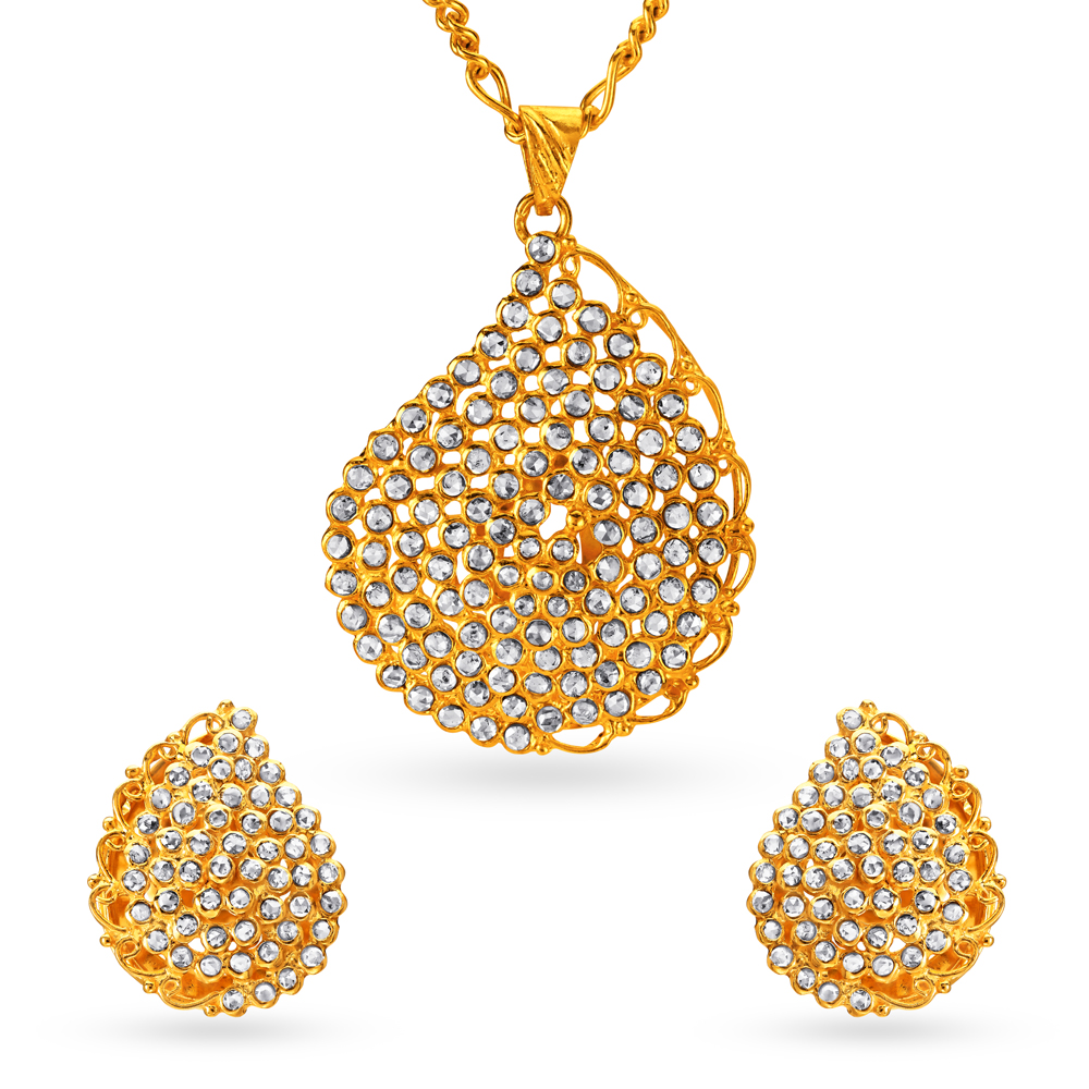 Alluring Contemporary Gold Pendant and Earrings Set with Stones