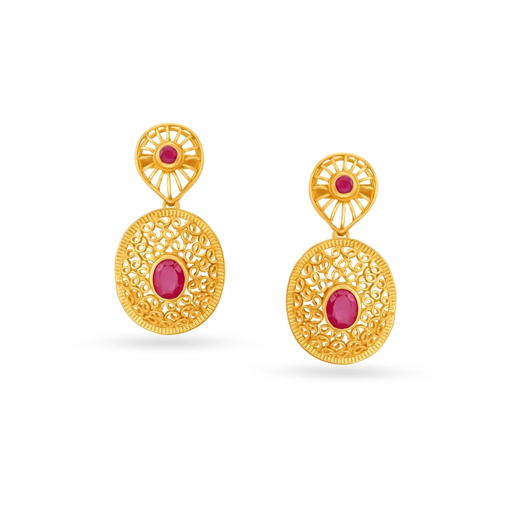Conspicuous Ruby Gold Drop Earrings With Jali Work
