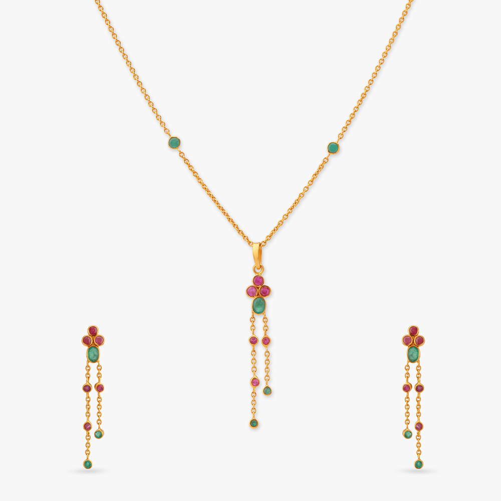 Tassel Gold Pendant with Chain and Earrings Set,,hi-res image number null