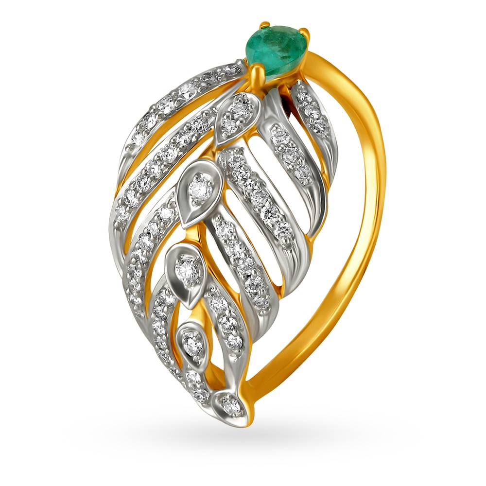 Enchanting 18 Karat Yellow Gold And Diamond And Emerald Feather Ring