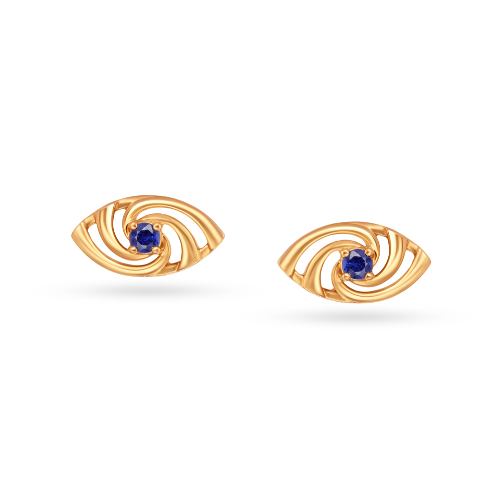 14KT Yellow Gold Hypnotic Blue Sapphire Evil Eye Stud Earrings,,hi-res image number null