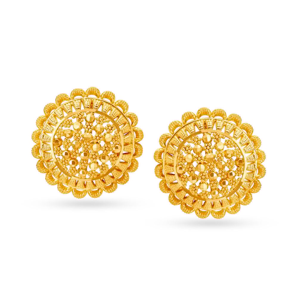 

Charming Gold Stud Earrings with Filigree and Rawa Work