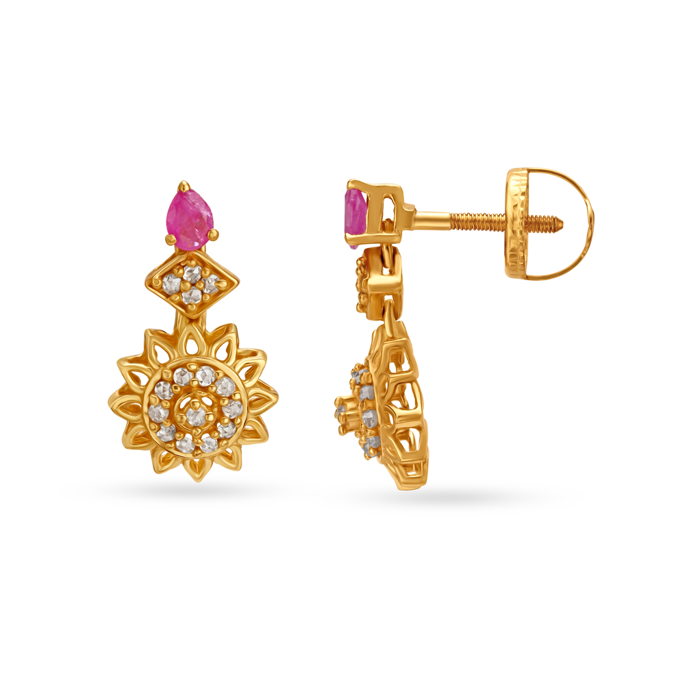 Sun Motif Ruby Studded Gold Drop Earrings,,hi-res image number null
