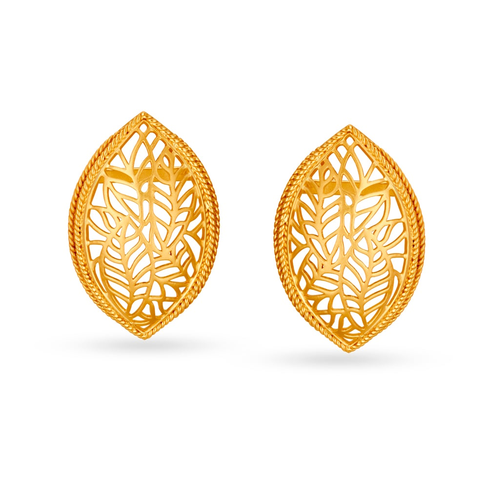 Contemporary Leaf Shaped Jali Work Gold Stud Earrings