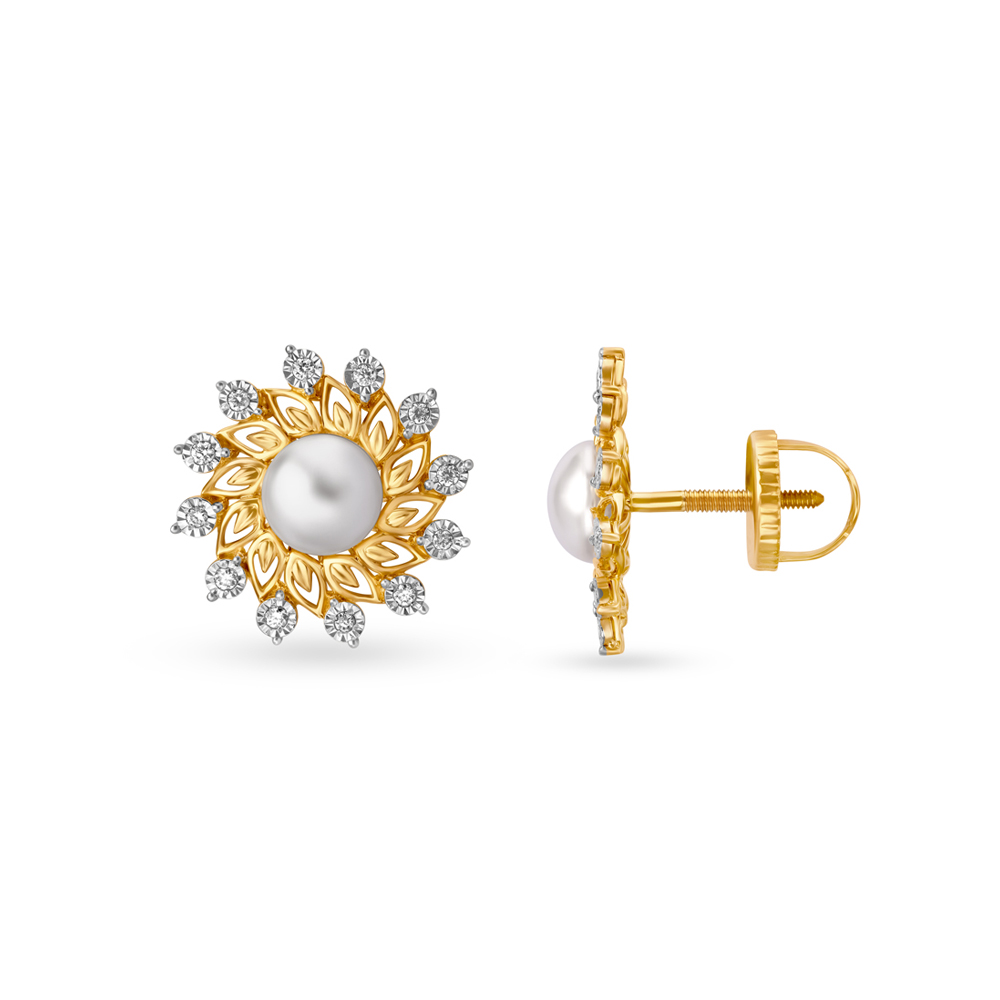 Magnificent Floral Diamond Stud Earrings in Yellow and White Gold,,hi-res image number null