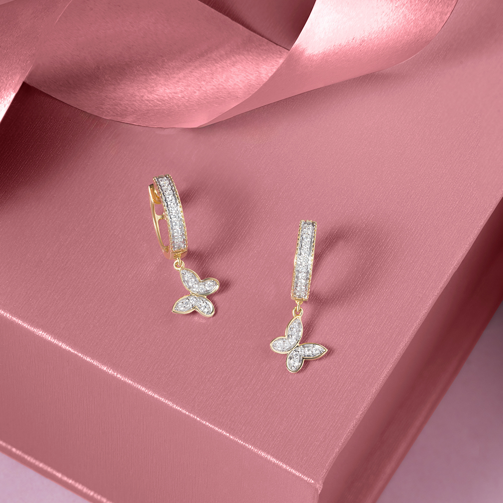 Butterfly Bliss Gold & Diamond Hoop Earrings,,hi-res image number null