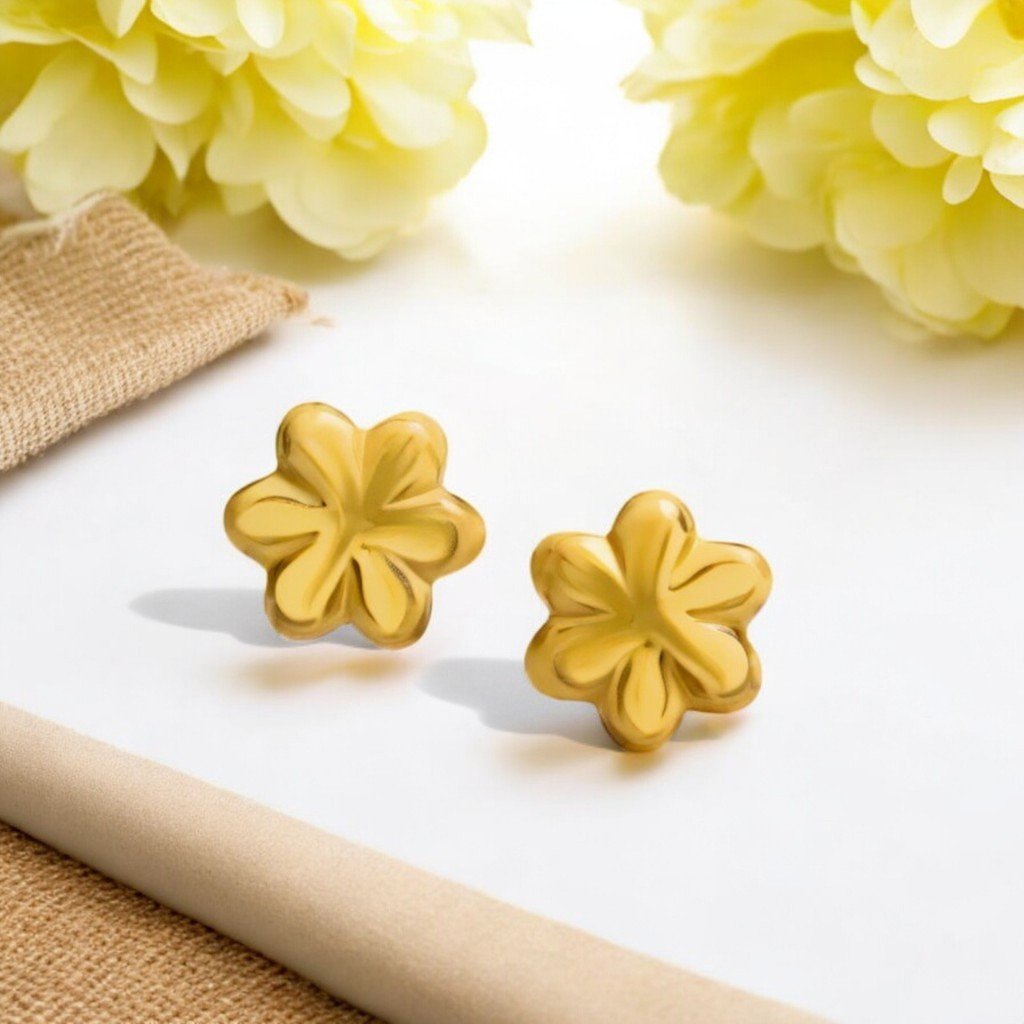Simple 22 Karat Yellow Gold Floral Stud Earrings,,hi-res image number null