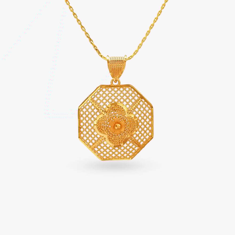 Hexagonal Floral Gold Pendant and Earrings Set,,hi-res image number null