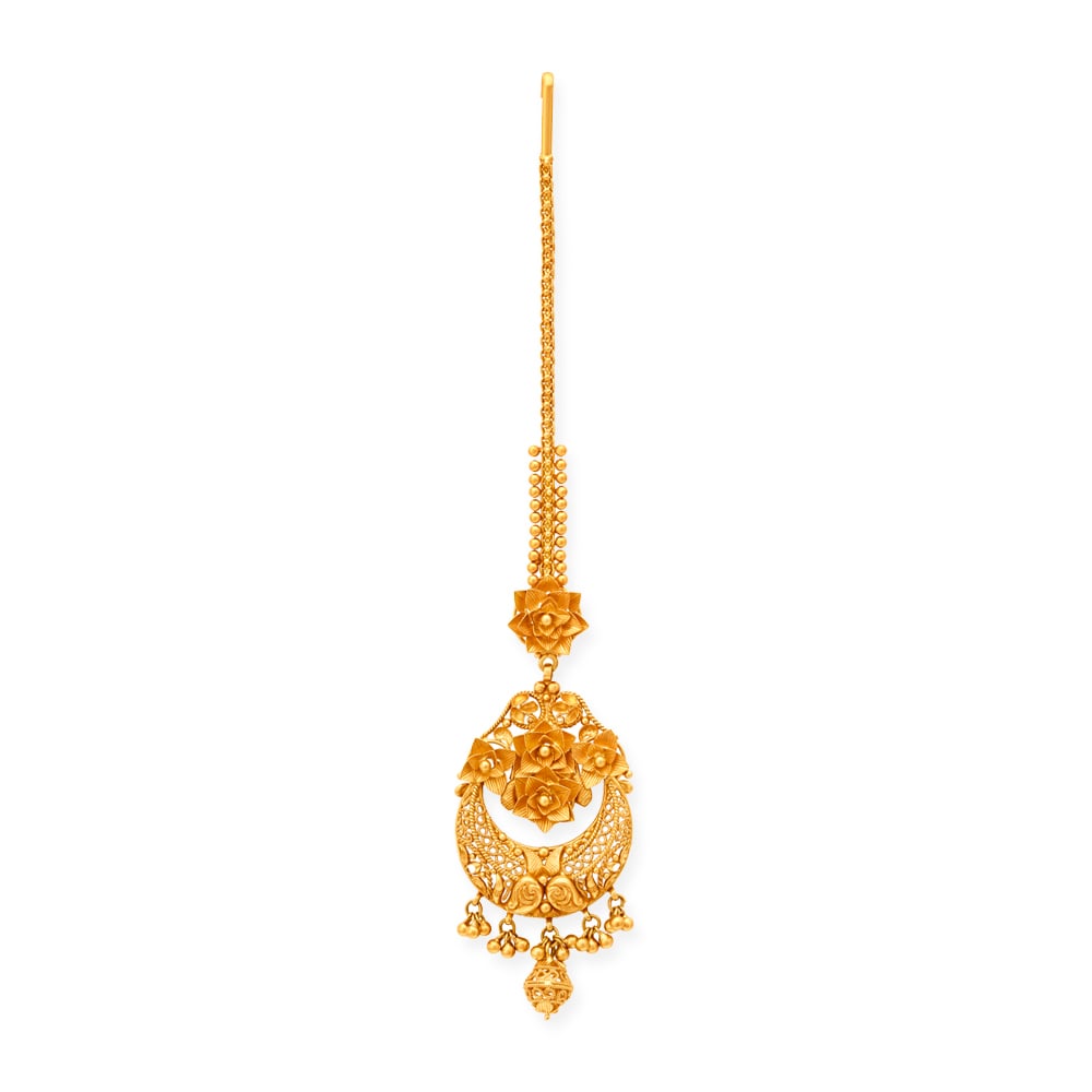 Enchanting 22 Karat Yellow Gold Floral Maang Tikka,,hi-res image number null