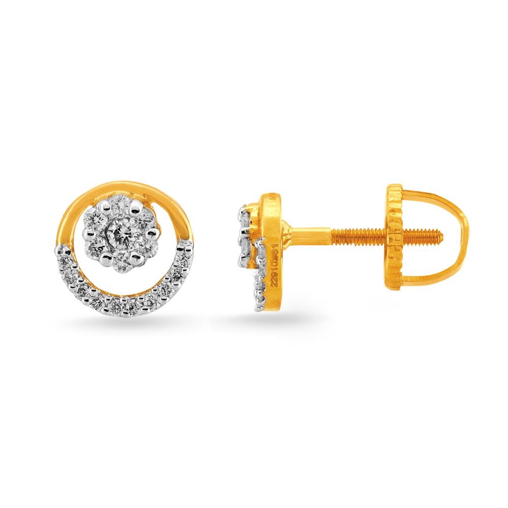 Round Floral Gold and Diamond Stud Earrings,,hi-res image number null
