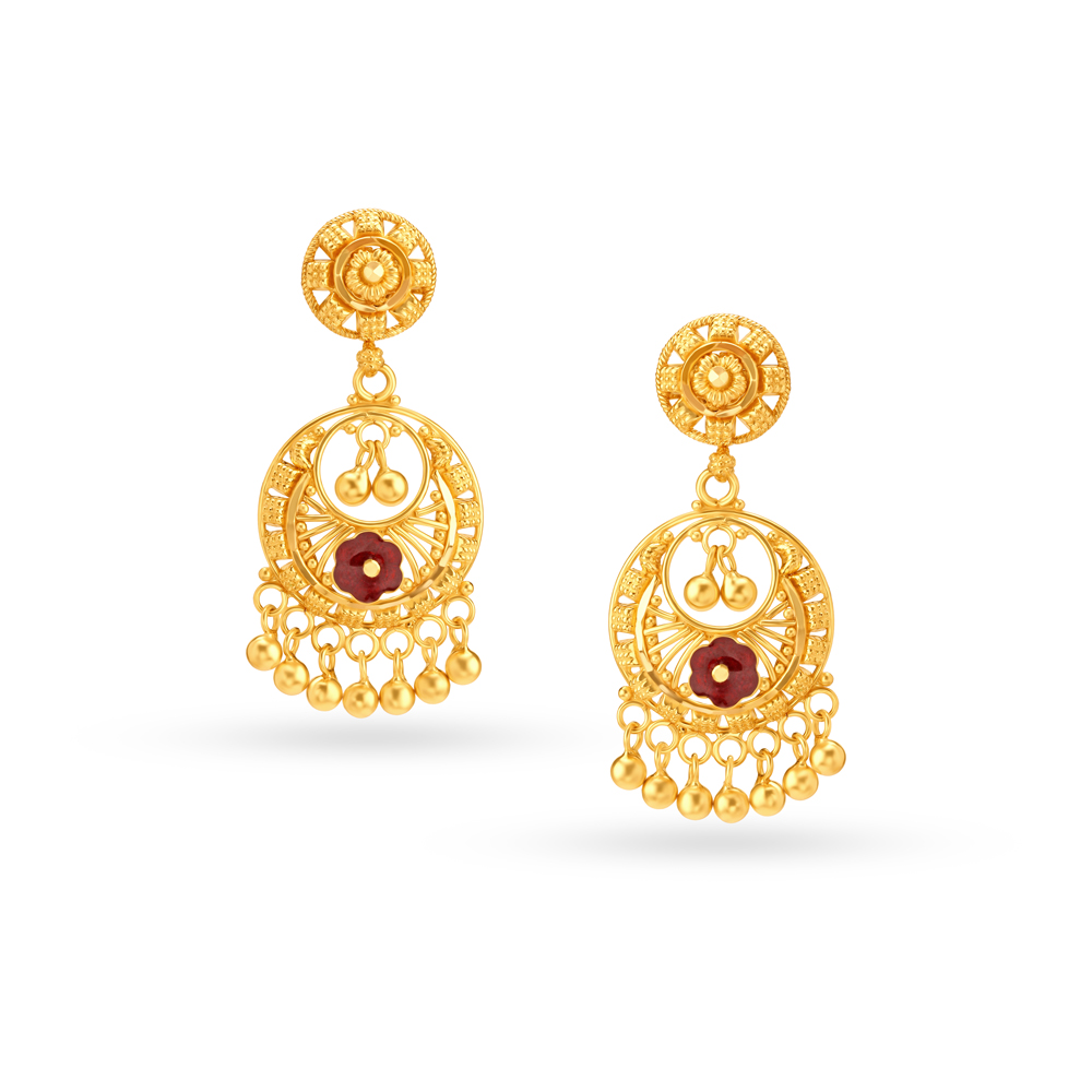 Floral Motif Gold Stud Earrings With Jali Work