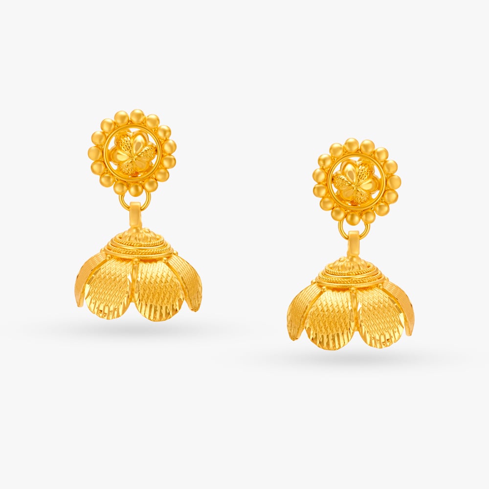 Contemporary Floral Gold Jhumka Earrings