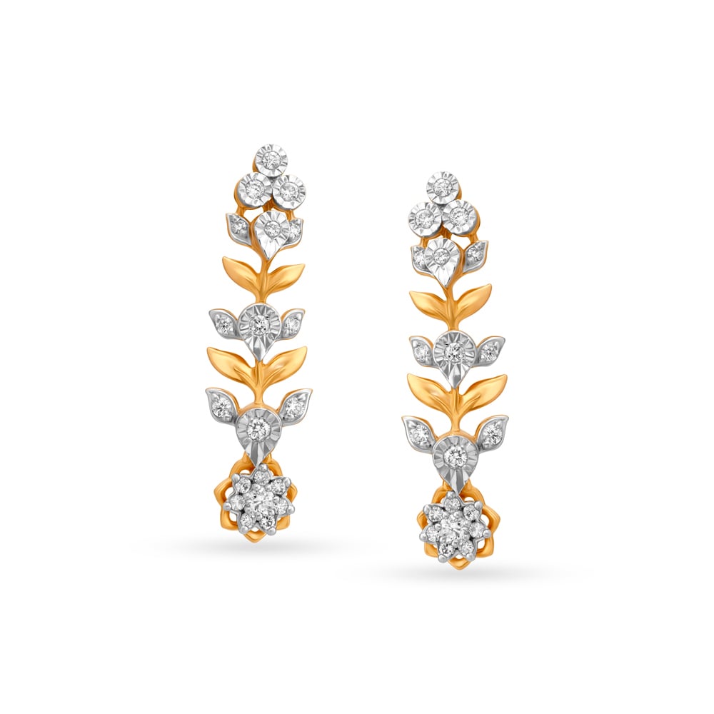 Nature Inspired Gold and Diamond Drop Earrings,,hi-res image number null