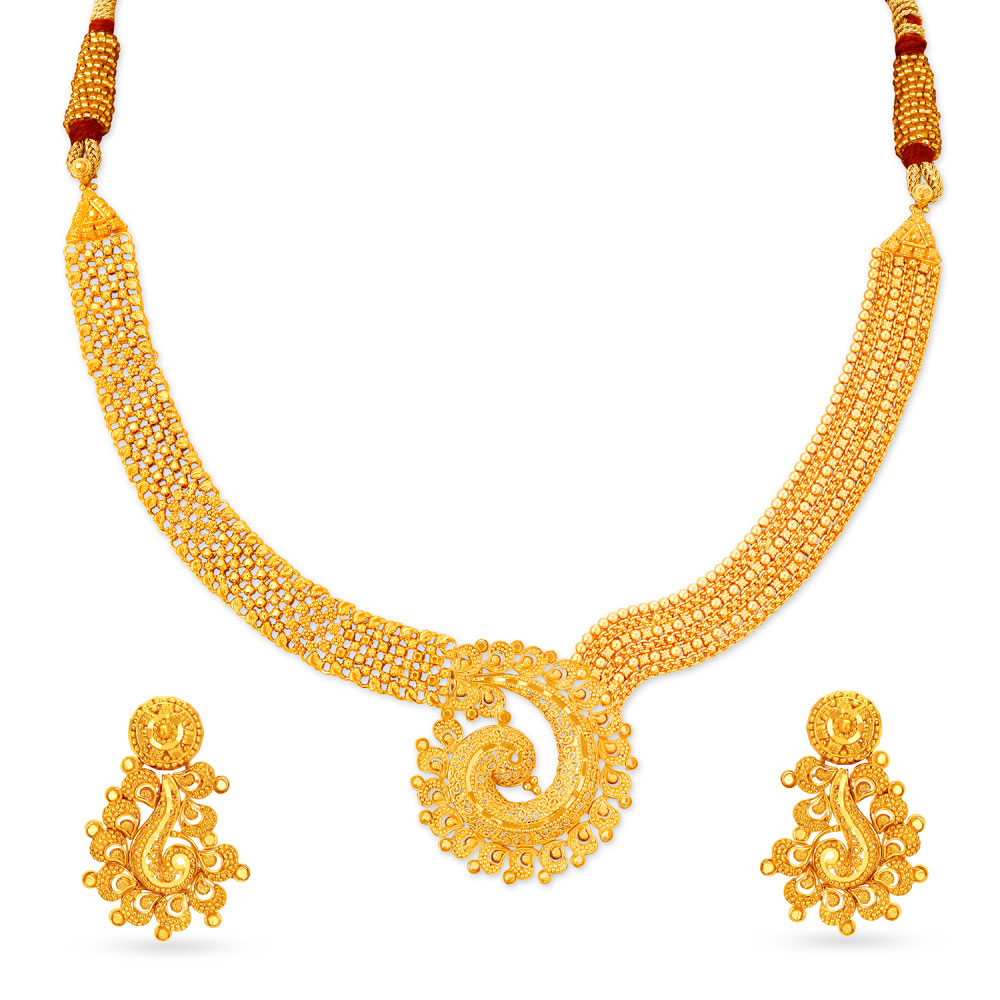 Splendid Yellow Gold Peacock Addigai Necklace Set