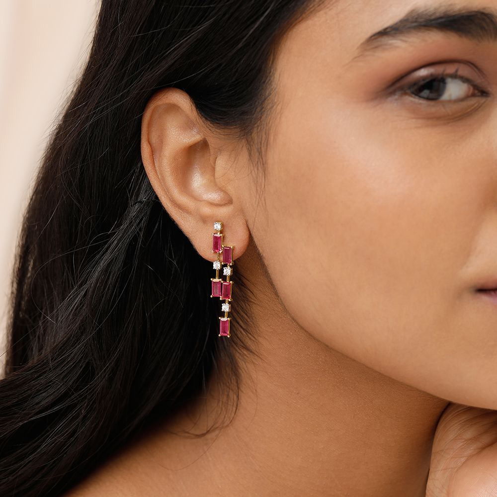 Sparkling Baguettes 14KT Ruby & Diamond Drop Earrings,,hi-res image number null