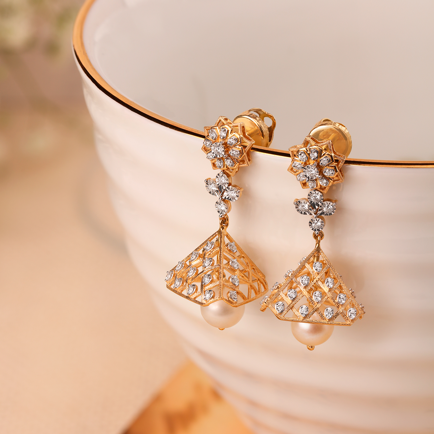 Lattice Diamond Studded Jhumkas with Pearls