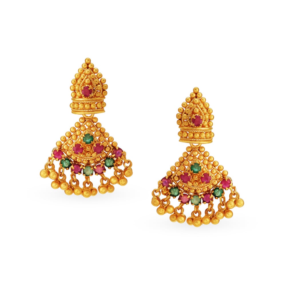 Traditional 22 Karat Gold And Multi Stone Drop Earrings