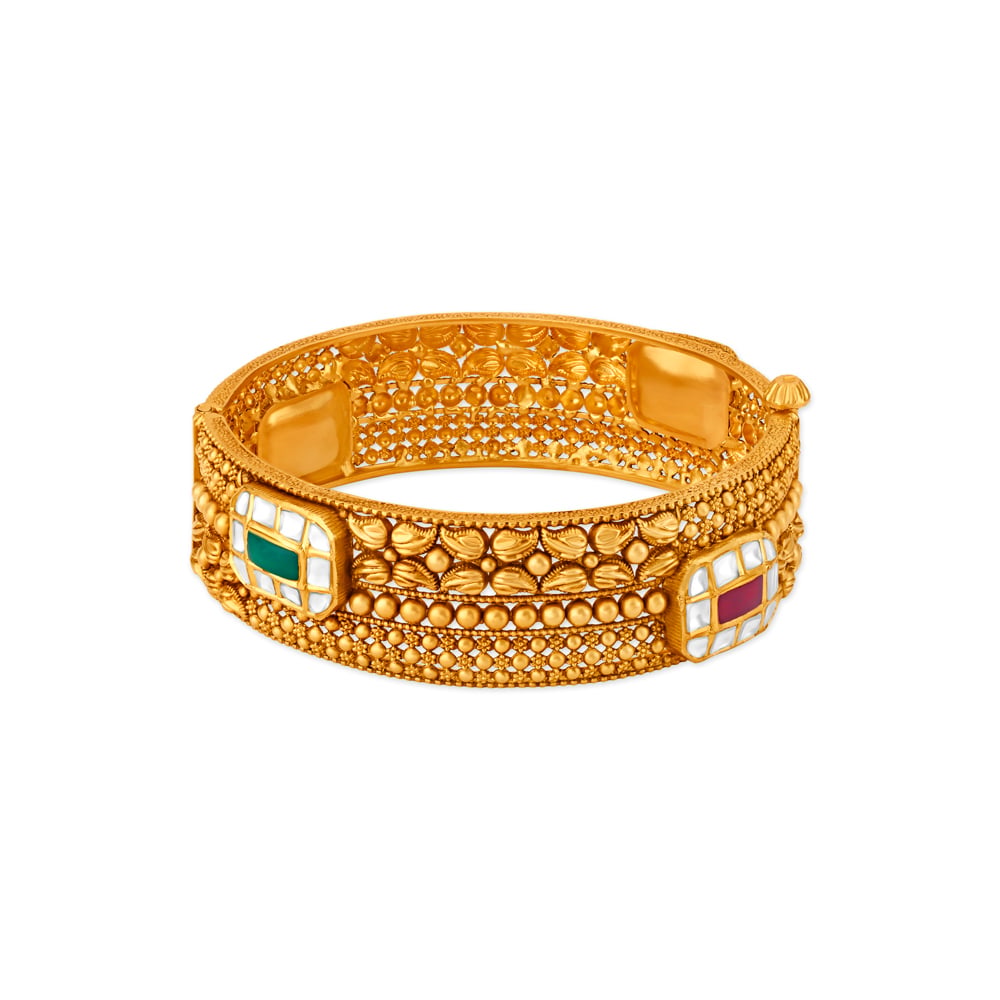 Luxuriant Coloured Stones Studded Rawa Work Gold Bangle,,hi-res image number null