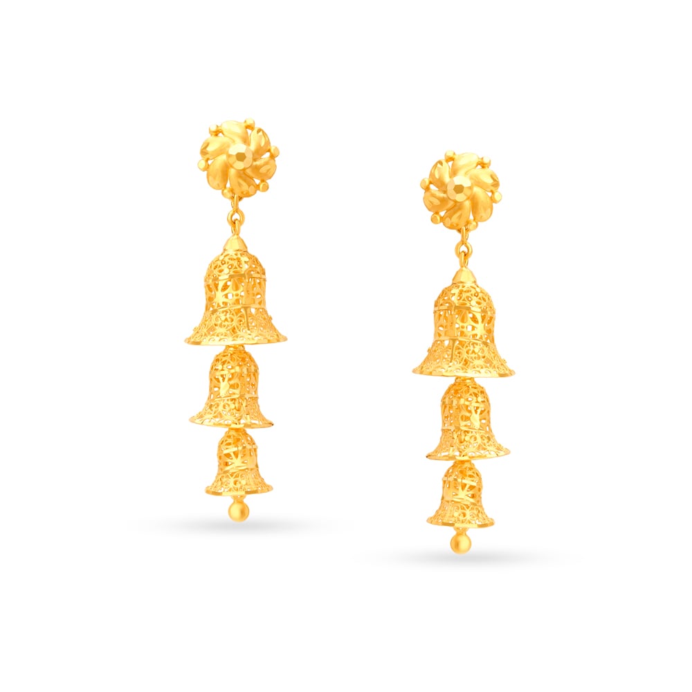 Sumptuous Yellow Gold Floral Tiered Jhumkas,,hi-res image number null