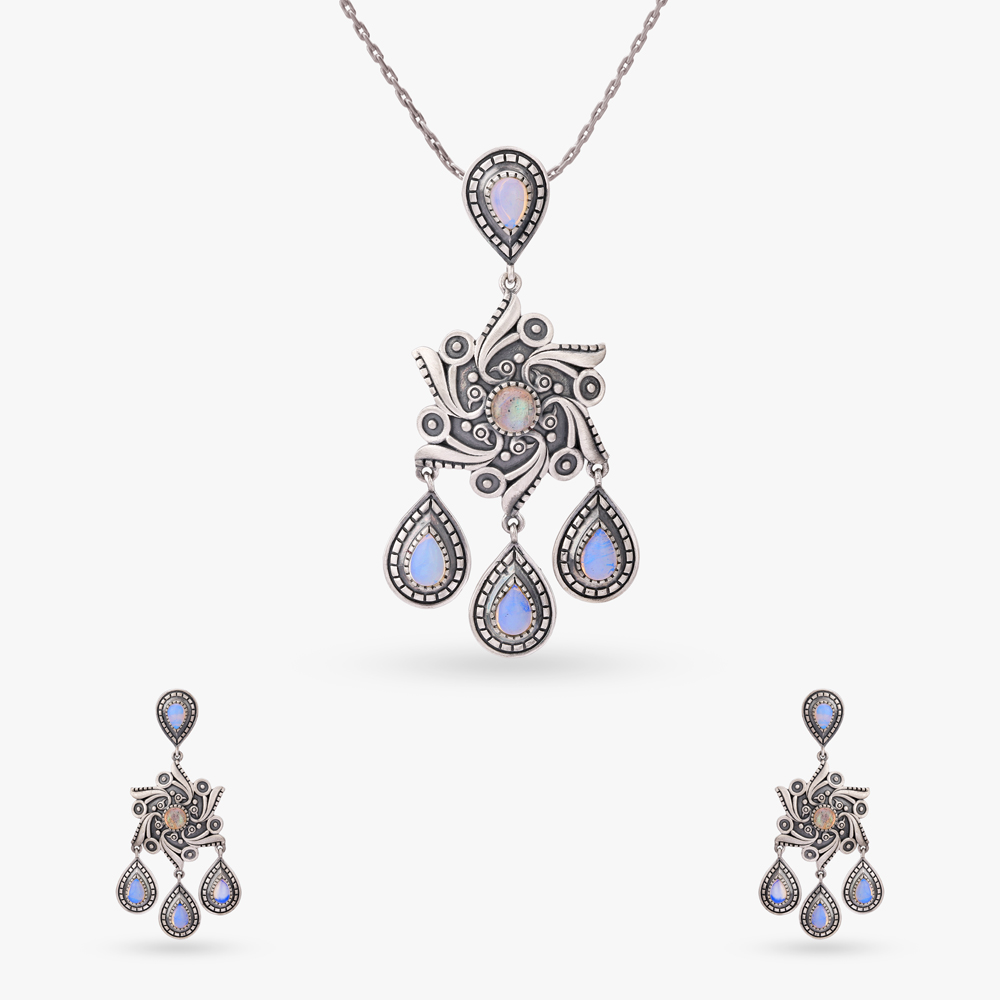 Celestial Bloom Silver Pendant and Earrings Set,,hi-res image number null