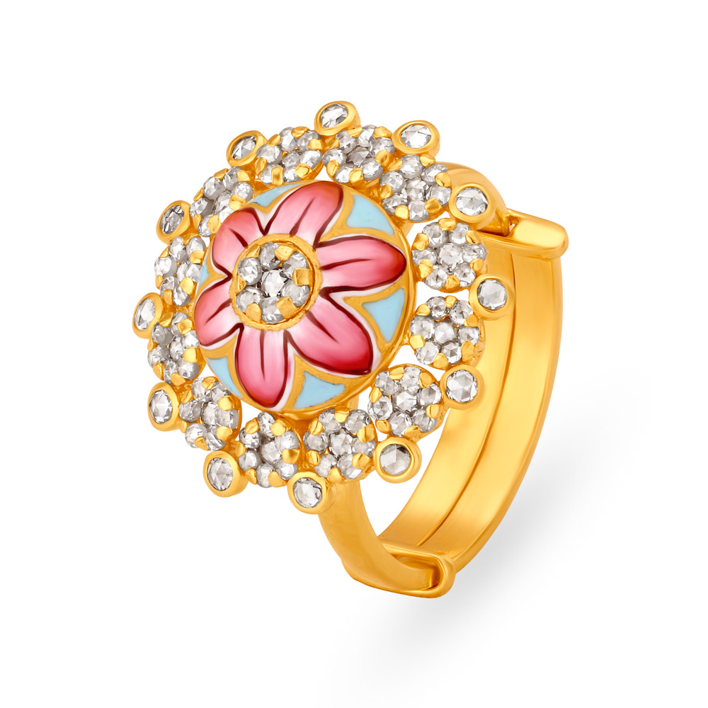 Delightful 22 Karat Yellow Gold And Polki Floral Finger Ring