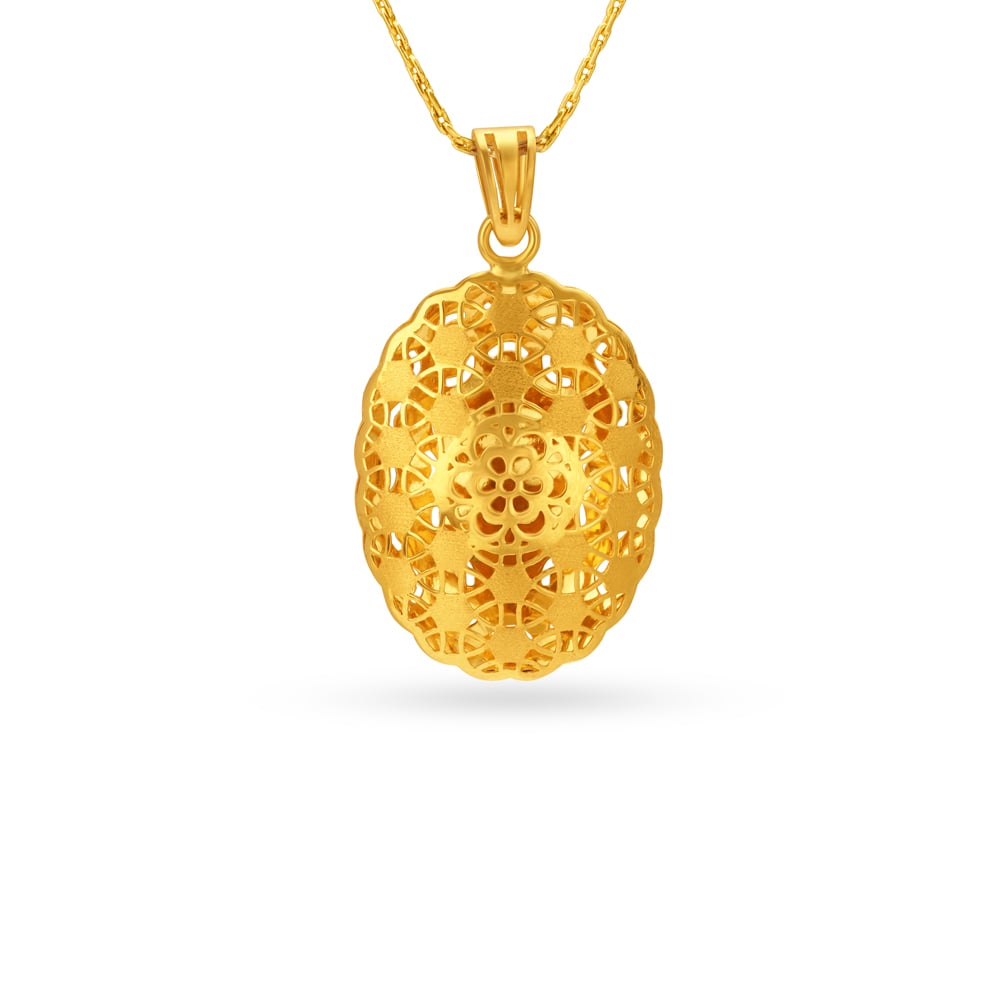 Oval Laser Cut Floral Pattern Gold Pendant,,hi-res image number null