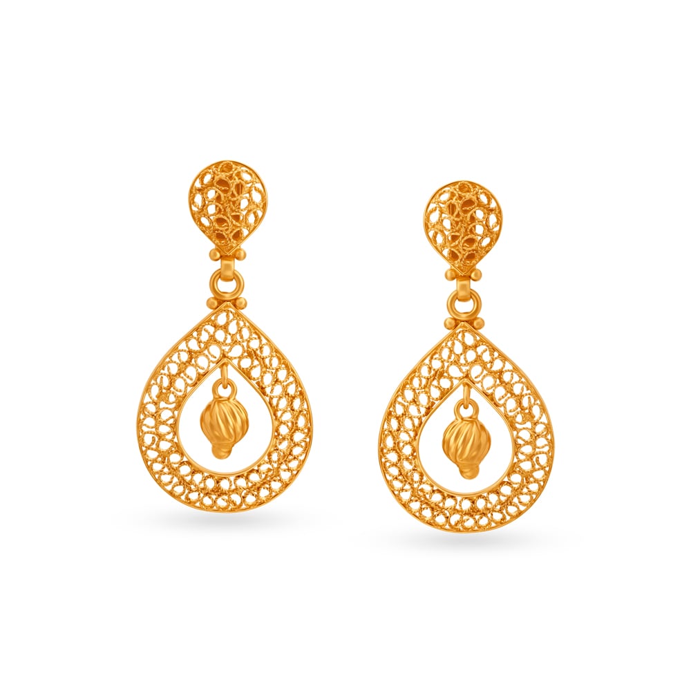 

Traditional Gold Jali Work Mesh Drop Earrings