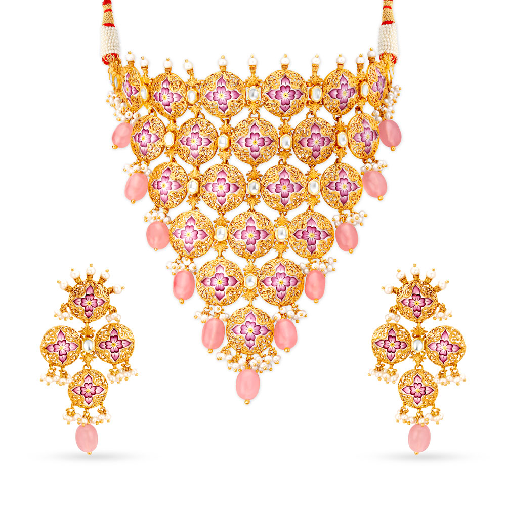 Purple Flower Gold Necklace Set