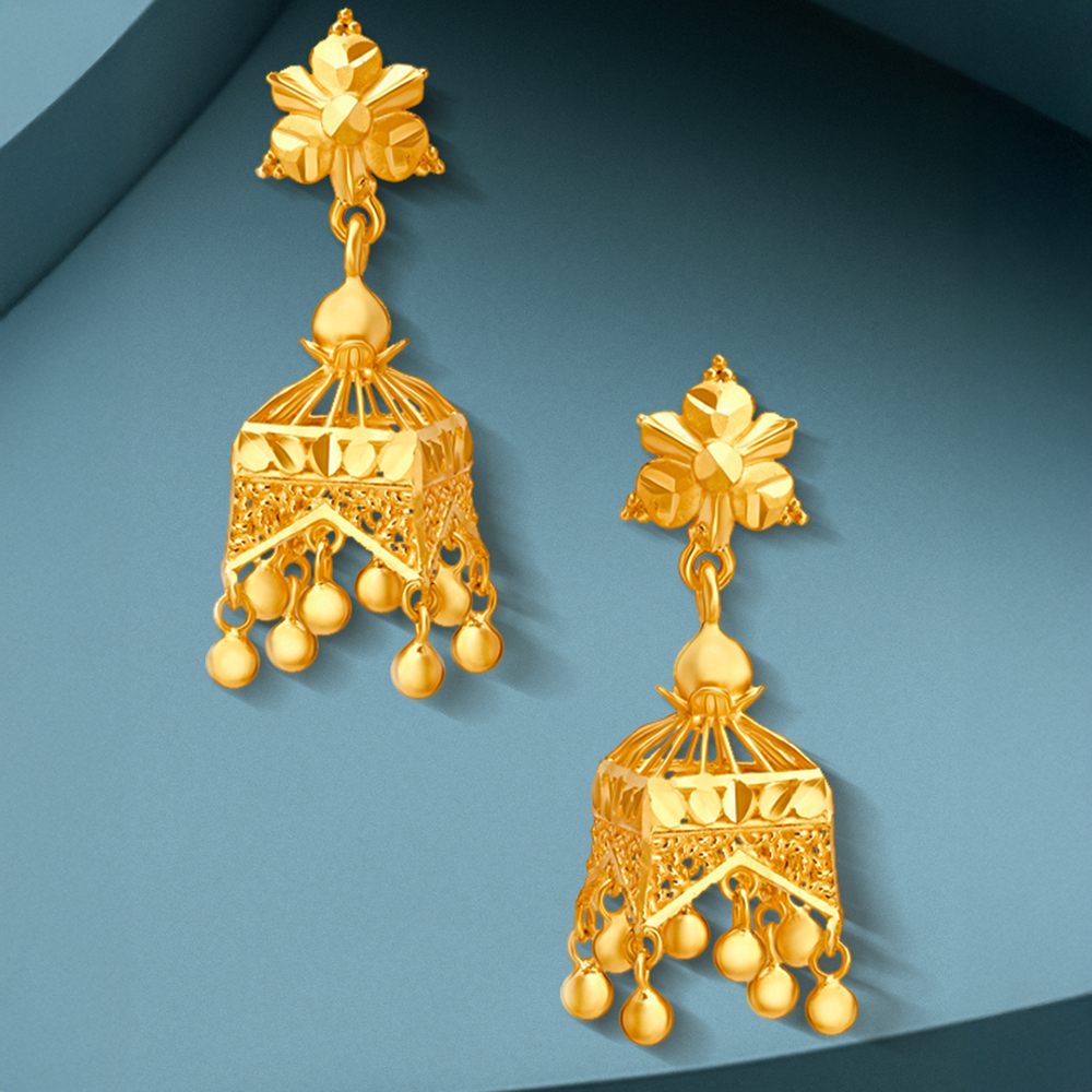 Distinctive Yellow Gold Square Jhumkas