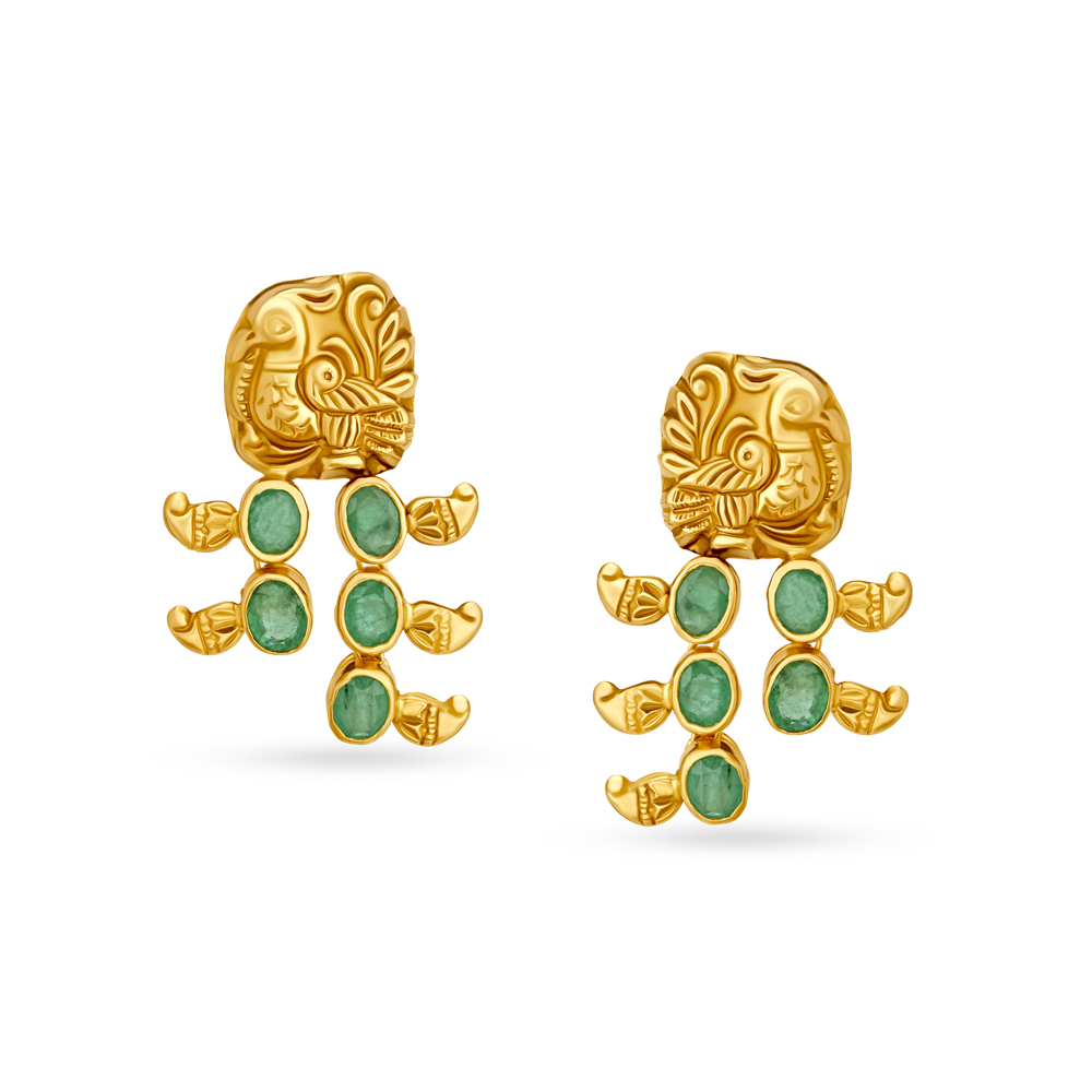 Peacock Motif Emerald Gold Drop Earrings,,hi-res image number null