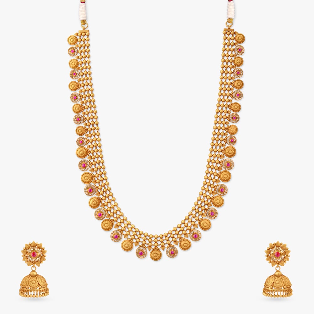 Floral Cascade Gold Long Temple Necklace Set,,hi-res image number null