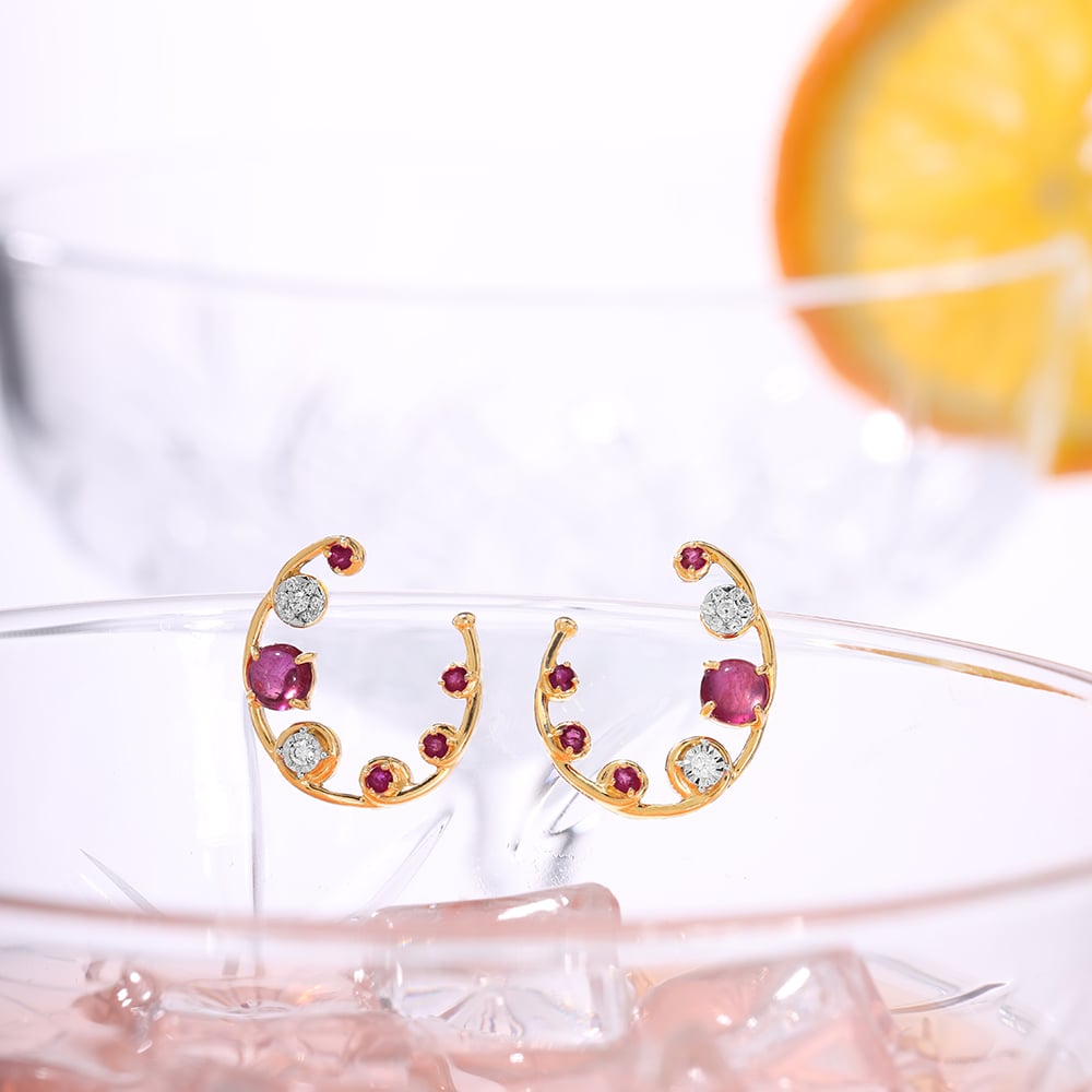 Regal Sparkle 14KT Diamond and Ruby  Hoop Earrings