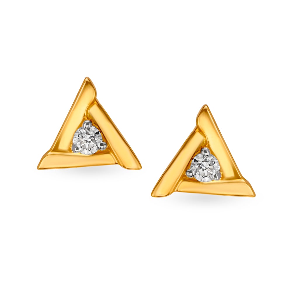 Geometric Triangular Gold and Diamond Stud Earrings,,hi-res image number null