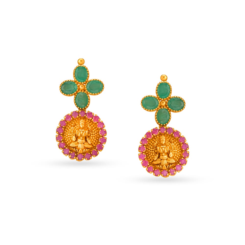 Emerald And Ruby Lakshmi Motif Gold Stud Earrings