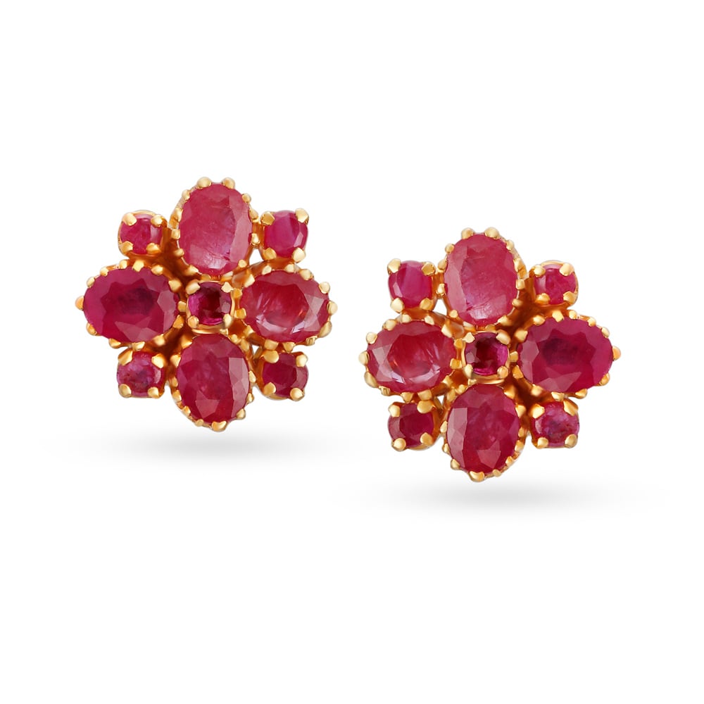 Charming 22 Karat Yellow Gold And Ruby Floral Stud Earrings