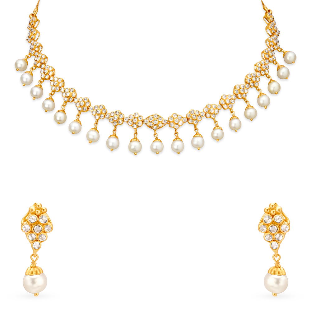 Fanciable Floral Design Pearl Studded Gold Necklace Set,,hi-res image number null