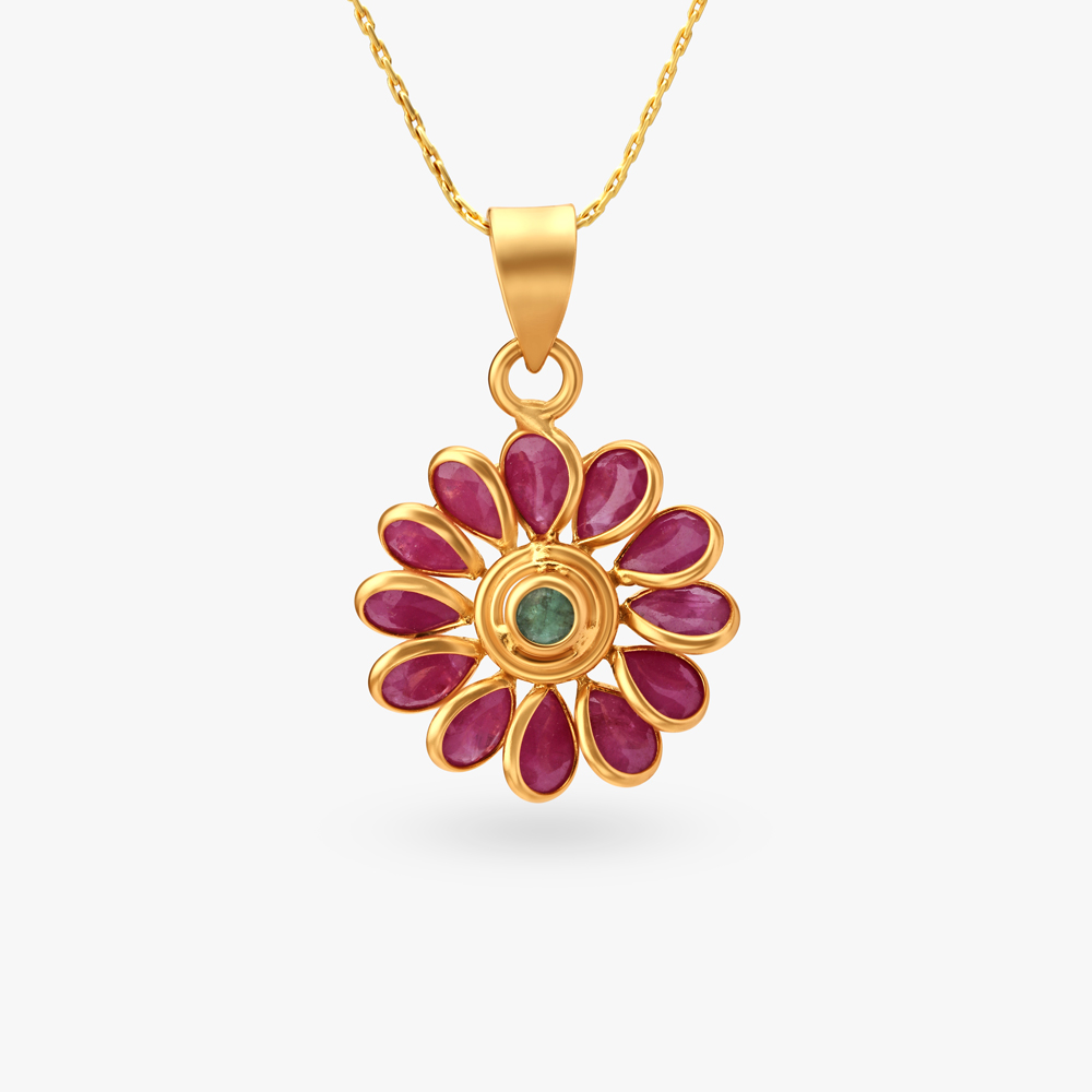Subtle Floral Emerald and Ruby Pendant and Earrings Set,,hi-res image number null