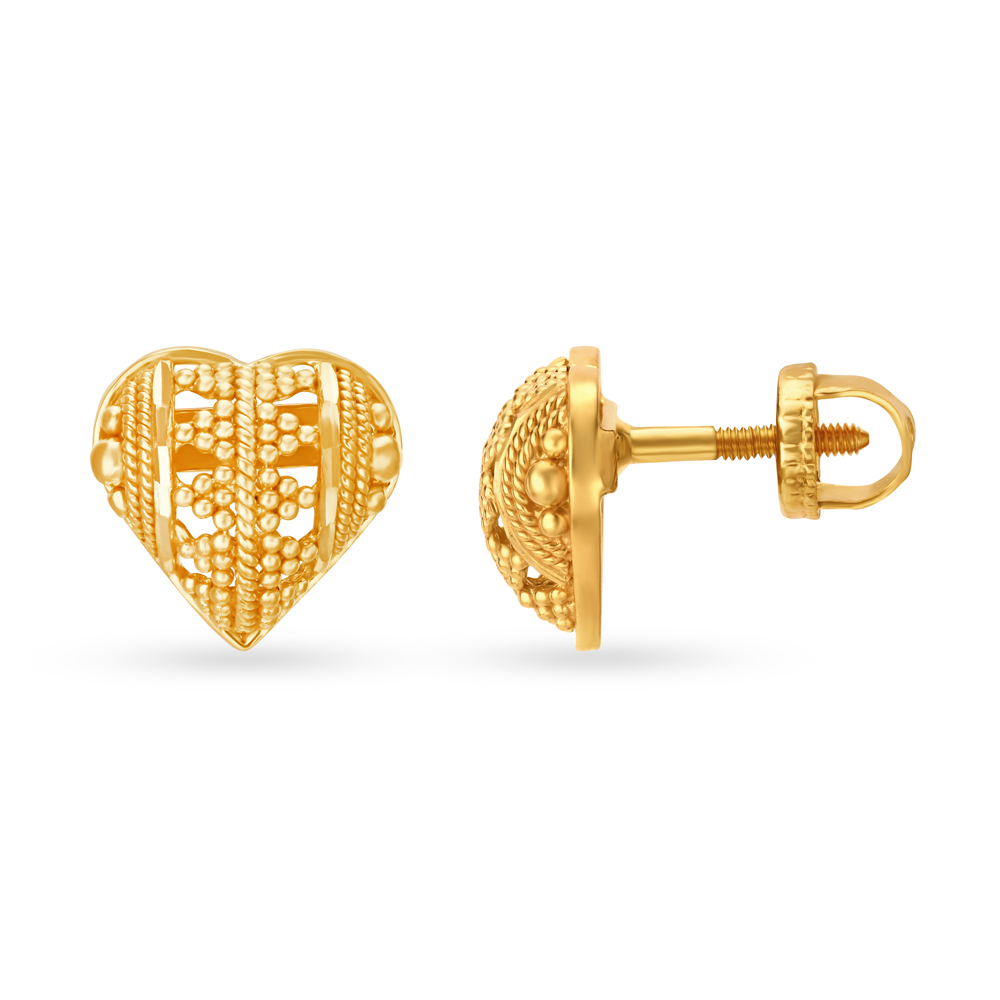 Romantic 22 Karat Yellow Gold Beaded Heart Stud Earrings,,hi-res image number null