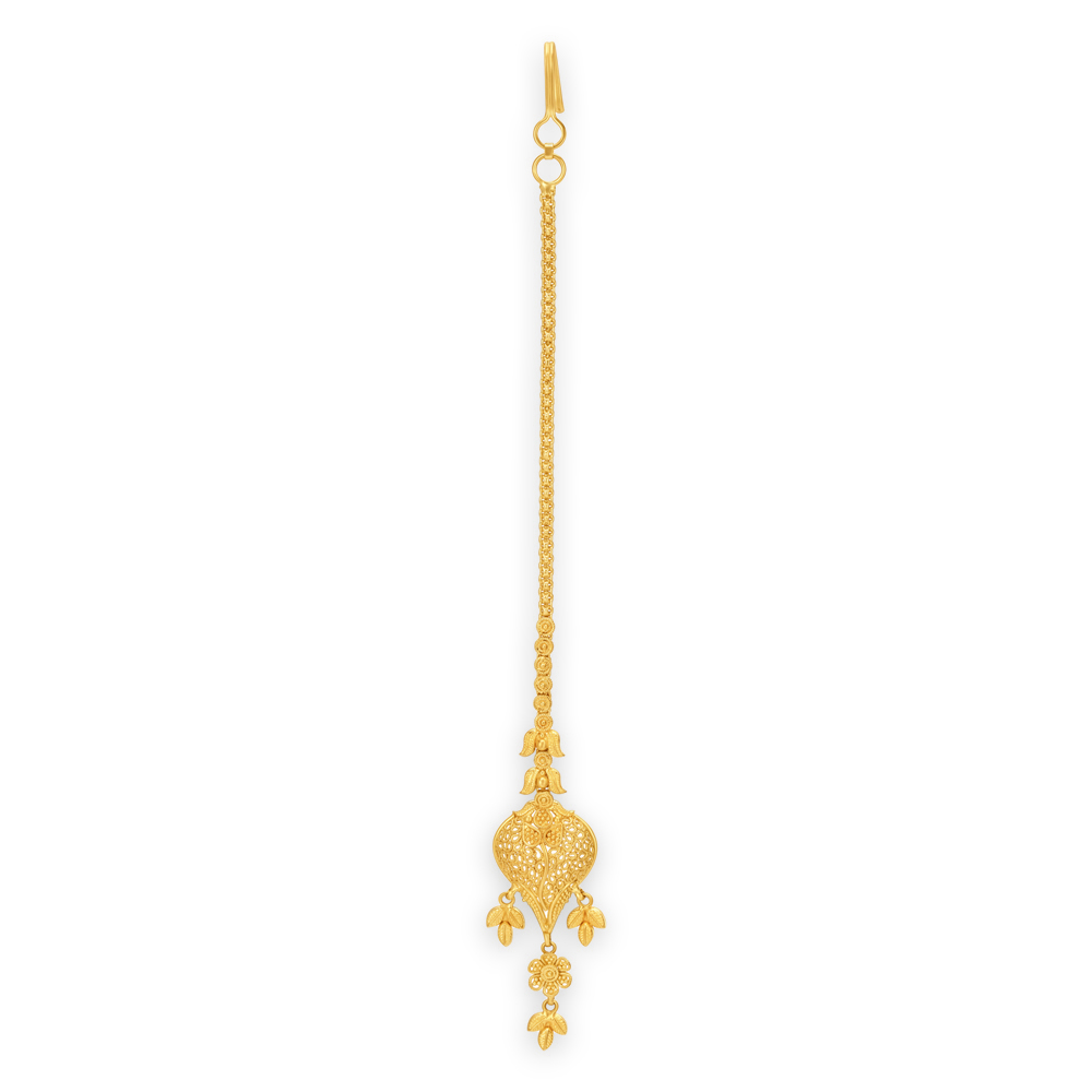 Alluring 22 Karat Yellow Gold Filigree Leaf Maang Tikka,,hi-res image number null