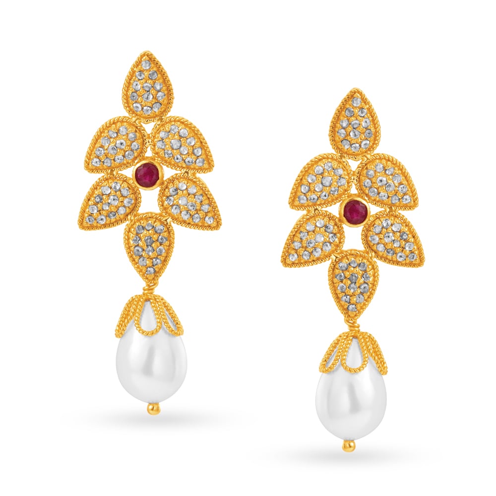 Leaf Motif Pearl And Ruby Gold Drop Earrings,,hi-res image number null