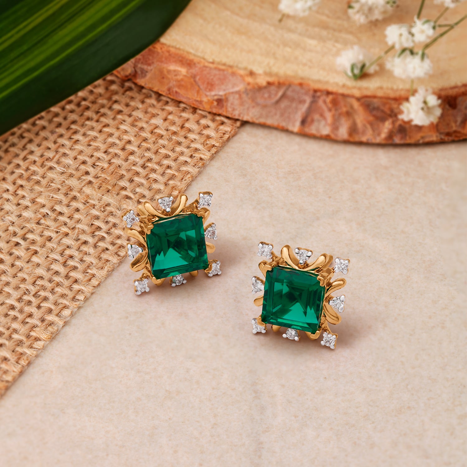 Regal Diamond Encrusted Square Gold Stud Earrings,,hi-res image number null