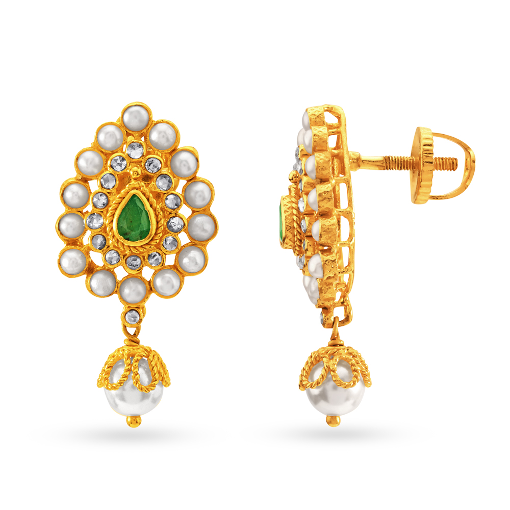 Emerald And Pearl Gold Pendant And Earrings Set,,hi-res image number null
