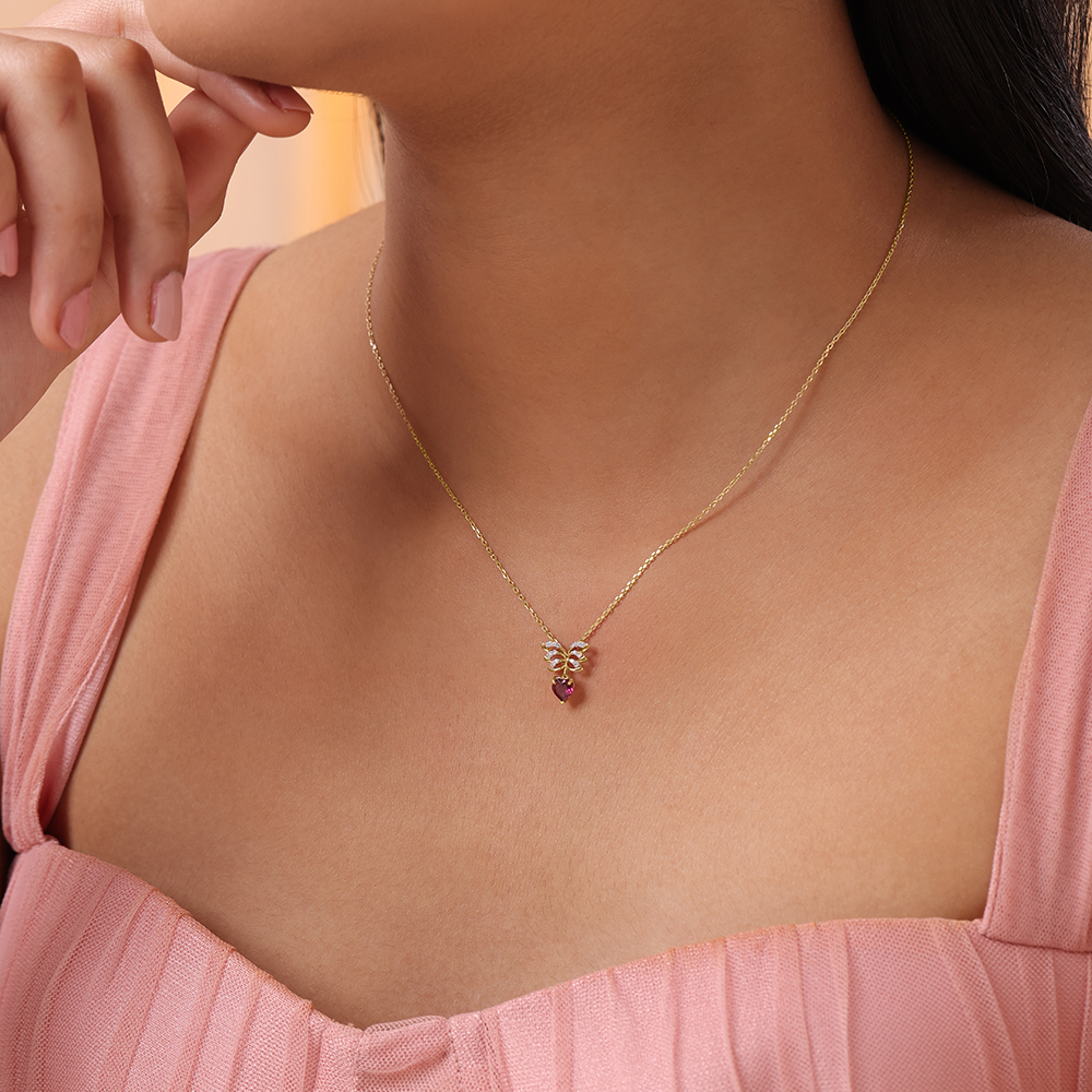 Winged Heart 14KT Gold, Diamond & Pink Garnet Pendant with Chain,,hi-res image number null