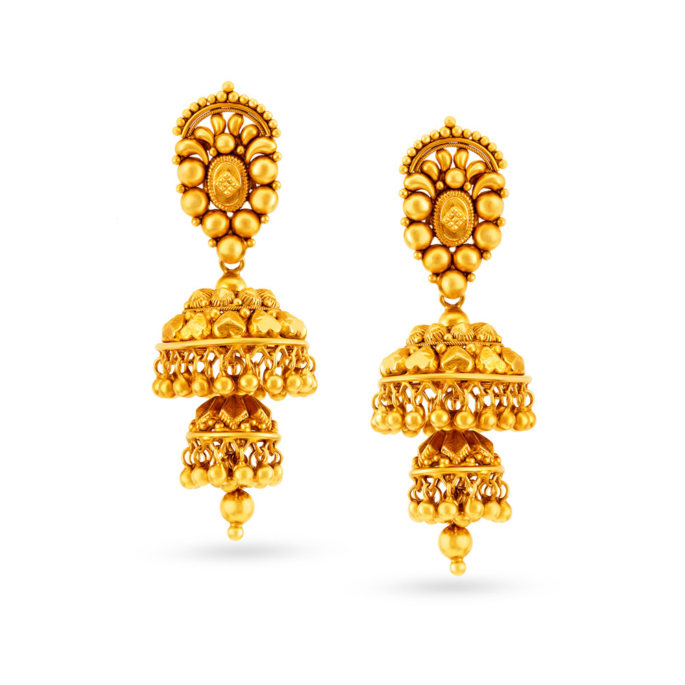 Grand Gold Traditional Two Layer Jhumka Style Earrings