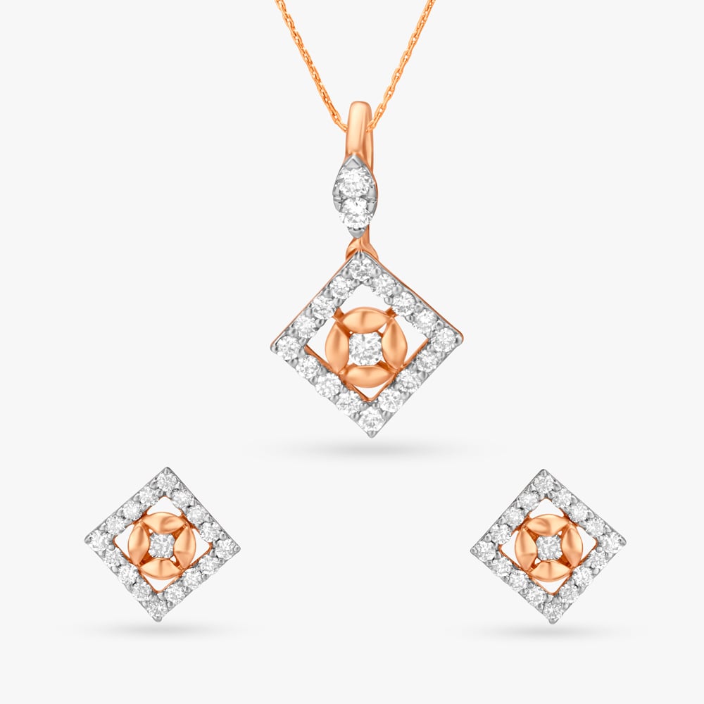 Chic Abstract Diamond Pendant with Chain and Earrings Set