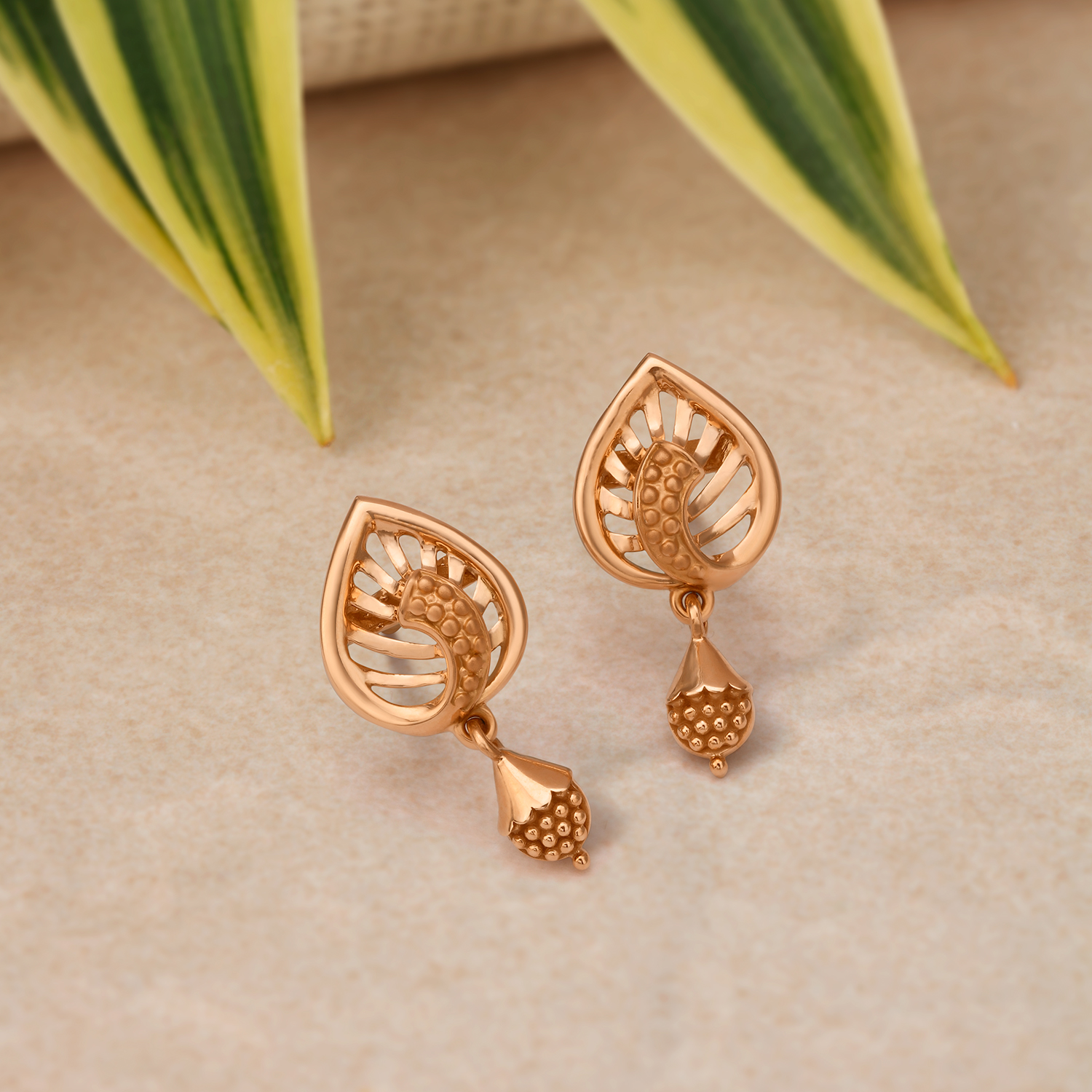 Leaf Pattern Gold Drop Earrings,,hi-res image number null